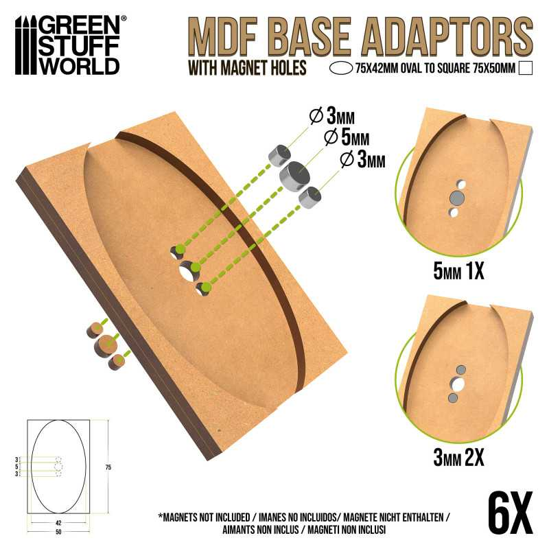 Green Stuff : Socle adaptateur Oval (75x42mm) vers Carré (75x50mm) en MDF (6pcs)