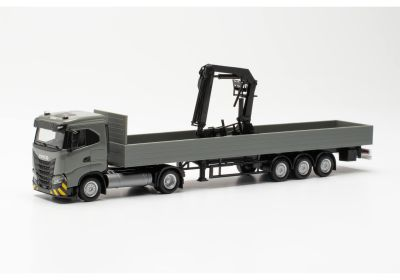 Herpa : Semi-remorque plateau Iveco S-Way ND avec grue│Gris/Jaune