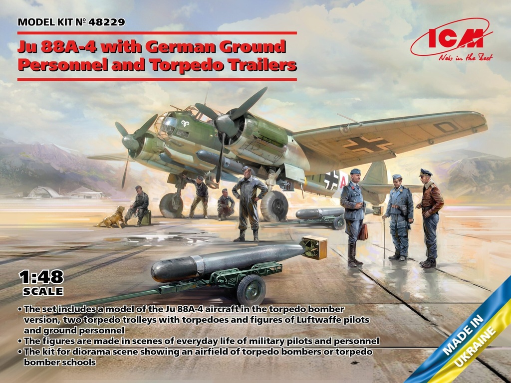 Icm : Ju 88A-4 with German Ground Personnel and Torpedo Trailers