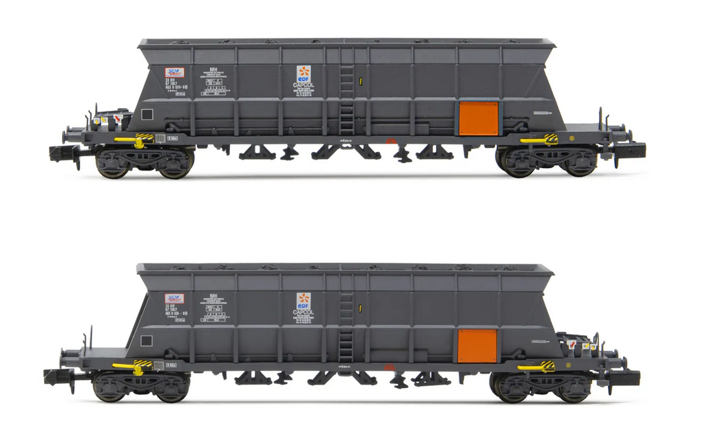 Arnold : coffret de 2 wagons-trémies à 4 essieux Faoos pour le transport du charbon, «Capcol/EDF»