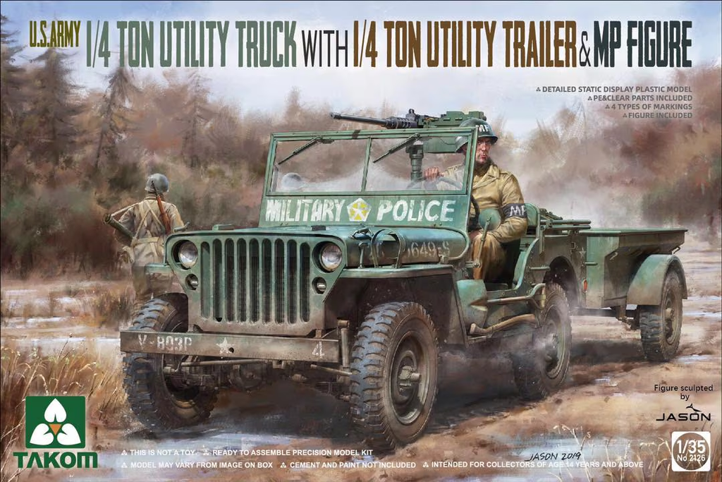 Takom : U.S. Army 1/4 Ton Utility Truck • with 1/4 Ton Utility Trailer & MP Figure 