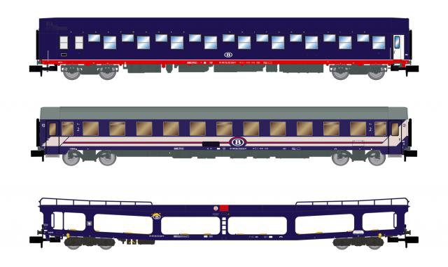  Voiture-lits T2 en livrée bleue, 1 fourgon porte autos SNCB/NMBS