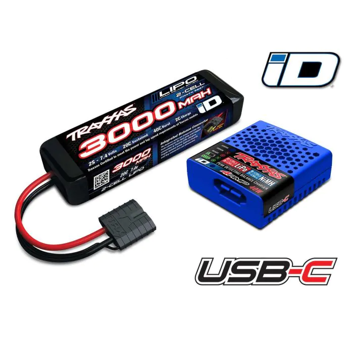 Traxxas : Chargeur EZ-Peak USB-C 40W NiMH/LiPo ID System + Batterie 3000MAH 7.4V 2-Cell 20C Lipo ID Ba