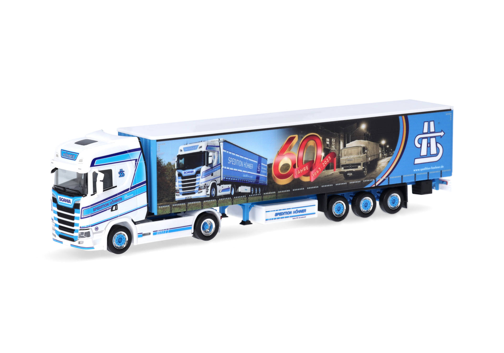 Herpa : Scania CS20 HD │ Semi-remorque à toile à rideau (Spedition Höhner/60 ans)