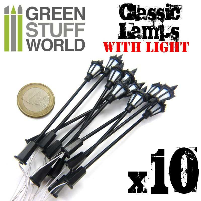 Green Stuff : Lampadaires classiques avec LED (10pcs)