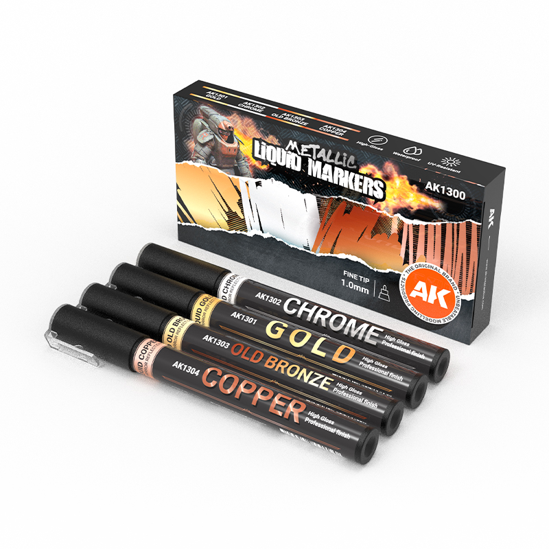 Ak Interactive : Metallic LIquid Markers "Gold-Chrome-Old Bronze-Copper "