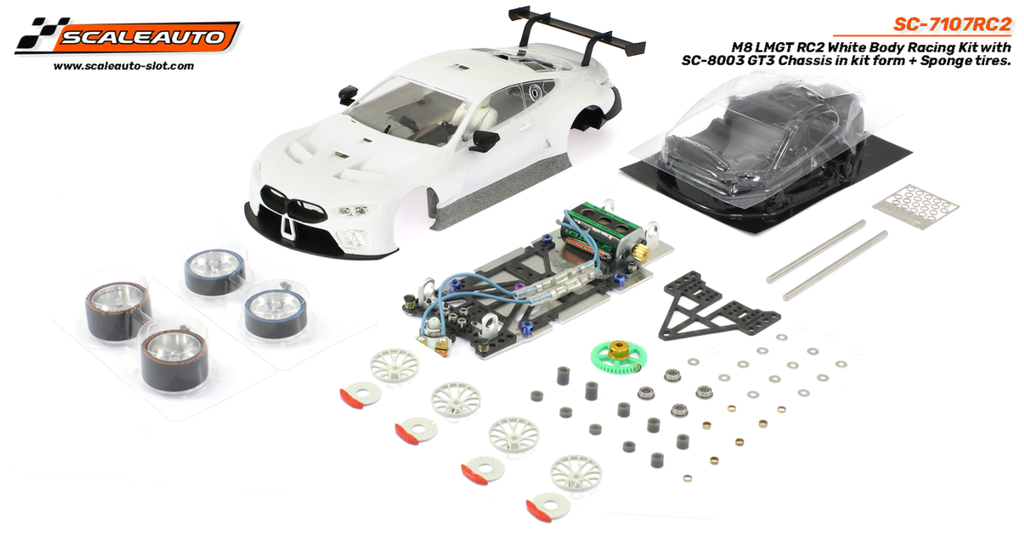 Scaleauto : BMW M8 LMGT RC2 White Body Racing Kit with SC-8003 GT3 Chassis in kit form + Sponge tires.