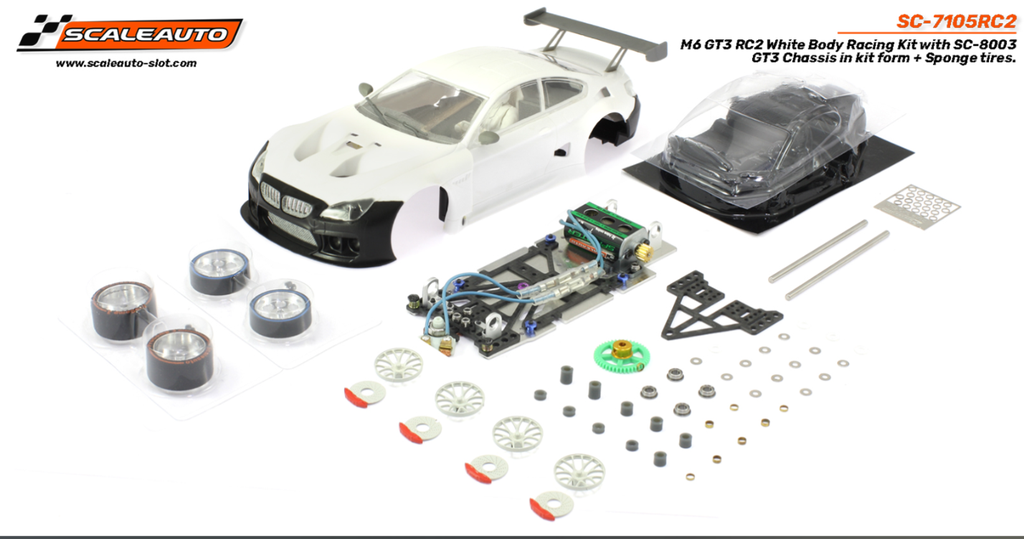 Scaleauto : BMW M6 GT3 RC2 White Body Racing Kit with SC-8003 GT3 Chassis in kit form + Sponge tires.