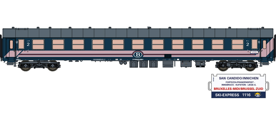 Lsmodels : Voiture I5 Bc10 Y25 Bleu Lignes Rose "Complément Ski Express" SNCB-NMBS