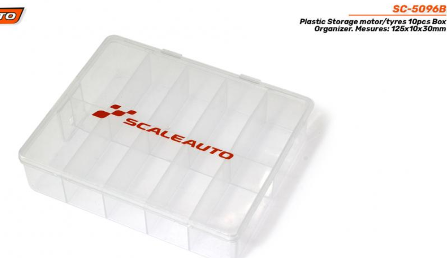 Scaleauto : Plastic Storage motor/tyres 10pcs Box Organizer. Mesures: 125x10x30mm