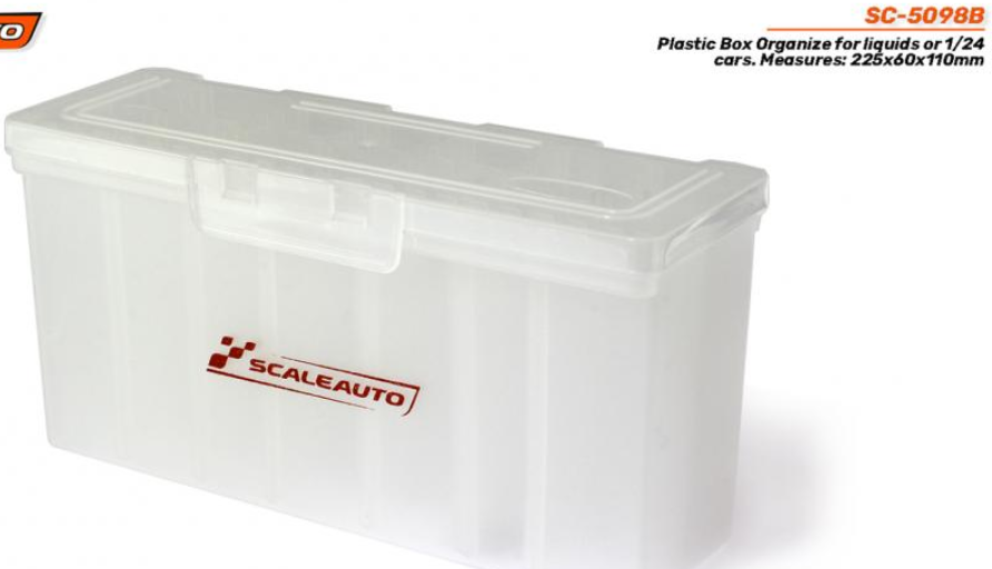 Scaleauto : Plastic Box Organize for liquids or 1/24 cars. Measures: 225x60x110mm