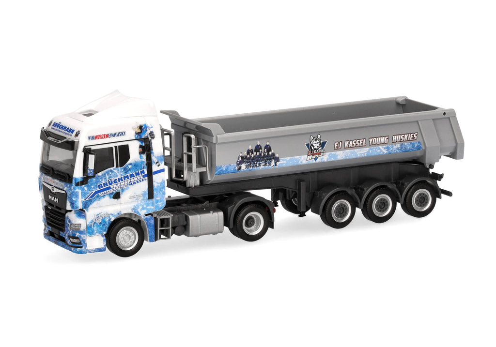 Herpa : Camion semi-remorque à benne basculante MAN TGX GM "Brückmann/Kassel Huskies"