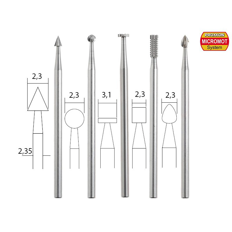 Proxxon : Jeu de Fraises de précision 5 pcs Dia 2.3/3.1MM