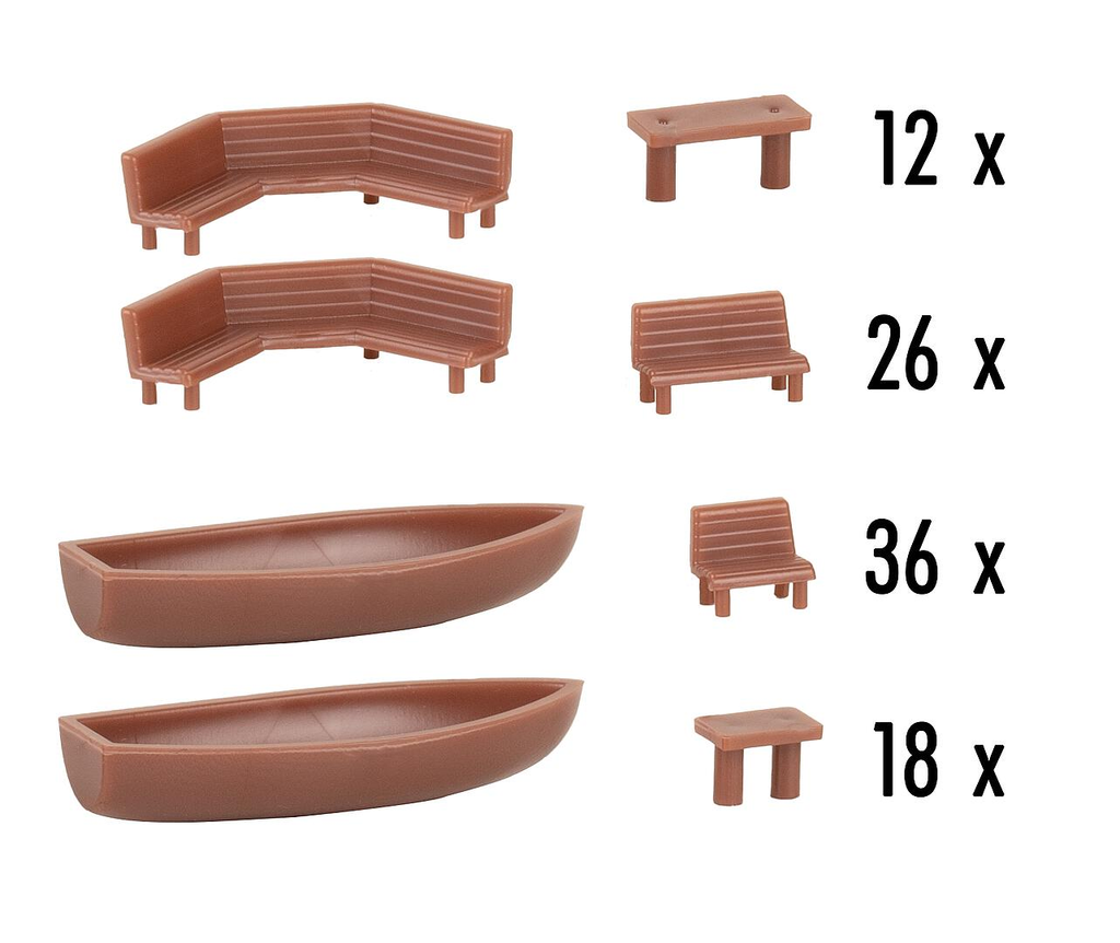 Faller : Bancs 64 pcs./Tables 30 pcs./Bateaux 2 pcs.